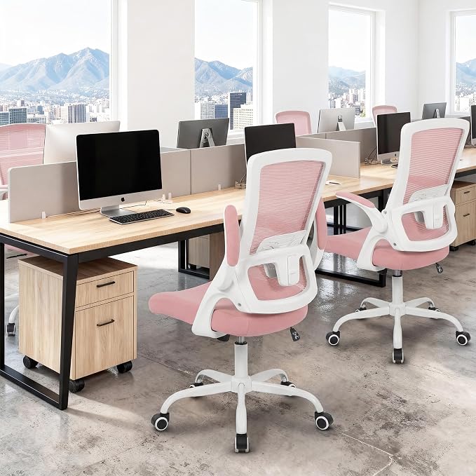 NEO CHAIR Office Chair High Back Desk Mesh Chair Comfy Computer Gaming Seat with Adjustable Ergonomic Lumbar Rolling Flip-up Armrests and Wheels (Pink)