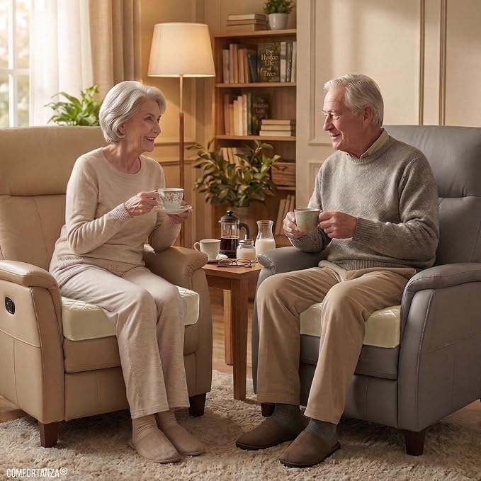 Medium-Soft 20x20x5 Memory Foam Recliner Chair Seat Cushion for Long Sitting - Armchair Pad with Washable Velvety Cover with Waterproof Layer & Non-Slip Base for Seniors & Elderly - Cream