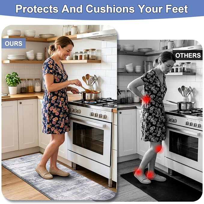 LOKHOM Anti Fatigue Kitchen Mats for Floor, 24x59 Non Slip Modern Cushioned Standing Comfort Kitchen Runner Rug, Waterproof Abstract Memory Foam Padded for Sink Laundry Office, Blue Grey