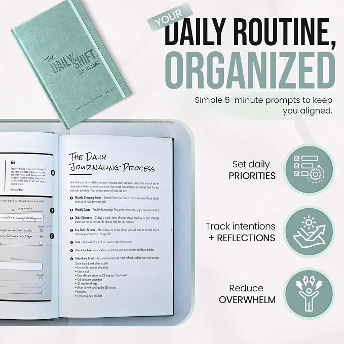 The Behavior Shift Daily Shift Goal Journal - Guided Journal for Goals, Productivity, Mindfulness & Self Care - Wellness Planner with Prompts for Men & Women - 52 Week undated Progress Tracker (Green)