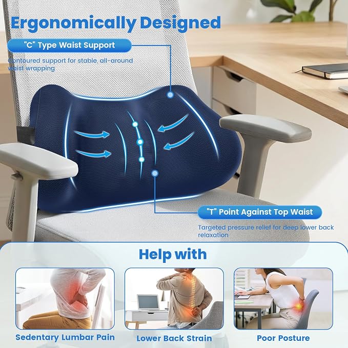 Lumbar Support Pillow for Office Chair, Memory Foam Lower Back Support, Ergonomic Lumbar Pillow with Adjustable Strap, Breathable Cover (Blue)