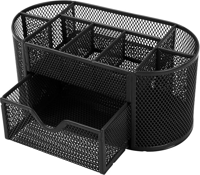 GPCT Office School Home/Teacher Supplies Mesh Desk Pen Organizer. Comes W/ 4 Pencil Cups For Highlighters/Pens/Sharpie, 4 Square Compartments For Paper Clips/Sticky Notes & 1 Supply Drawer- Black