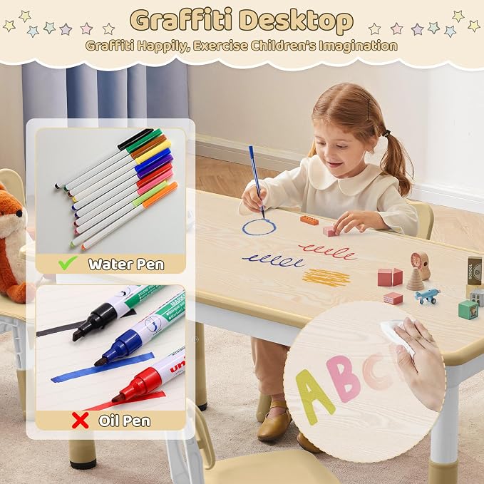 DOREROOM Adjustable Kids Table & 4 Chairs Set, 31.5" L x 23.6" W, Beige-W | Graffiti Desktop,Table Supports 300 lbs,Toddler Ages 2-8，FSC-certified, Children Activity Table for Daycare, Classroom, Home