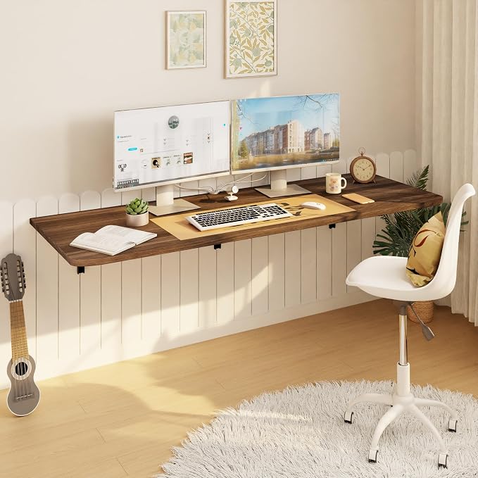IAE Wall Mounted Floating Foldable Desk, 55" x 22" Folding Computer Workstation Table with Engineered Wood and Metal Shelf Brackets,Fold&Floating Design for Home Office, Apartment,Laundry Room,Walnut