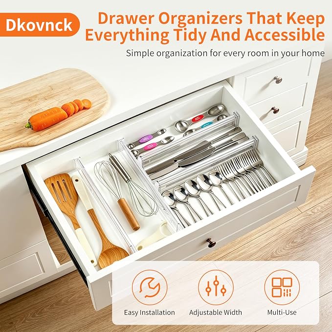 Adjustable Drawer Dividers 11.3-20in Organizer for Dresser (6) | Clear Plastic, 3.2in Wide, Adhesive Mounting, No Tools, for Kitchen Office