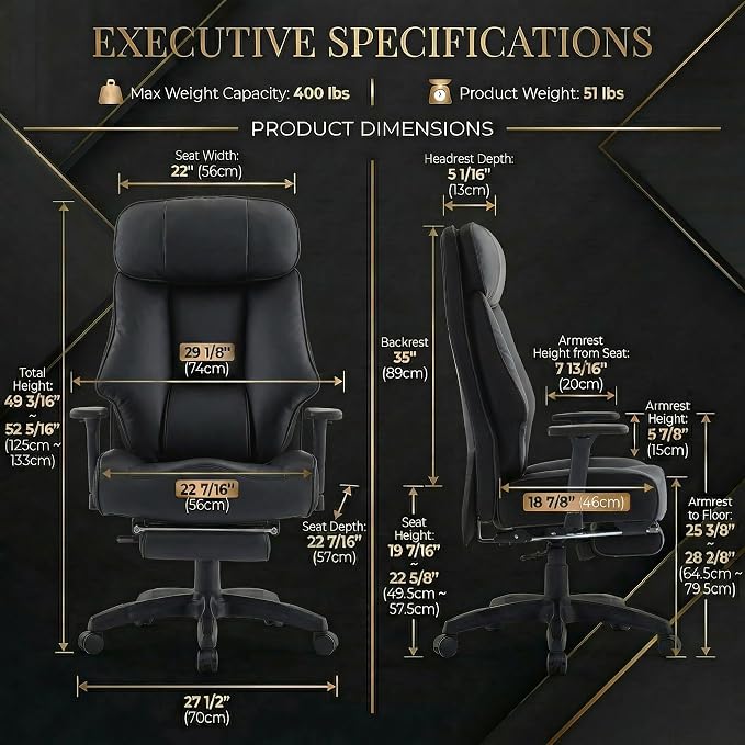 Big and Tall Office Chair 400lbs, Premium PU Leather Executive Chair with Extra Wide Saddle Seat for Cross Legged, 3D Armrests, Footrest, Heavy Duty Ergonomic Reclining Desk Chair (Black)