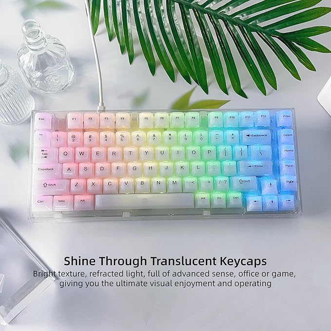 Womier Keyboard Keycaps Jelly, Cute White Keycaps 60 65 75 100 Percent, Transparent Clear Custom Key Cap Set for Cherry MX, Kailh, Outemu, Gateron Mechanical Keyboards(MDA Profile)