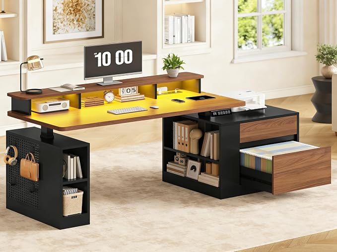 Standing Desk Adjustable Height, 70" Executive Electric Office Desk, Sit Stand Computer Desk with Storage Drawer, Power Outlets, Led Lights, Monitor Stand, Printer Space, Pegboard Black&Walnut