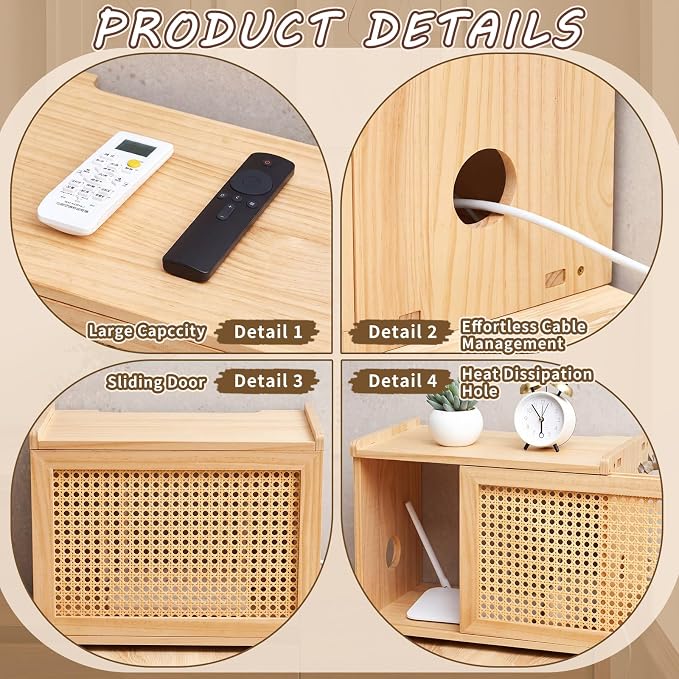 Wi-Fi Router Box Hider, Wi-Fi Router Storage Box with Synthetic Rattan Decor, Modem Cable Cover Organized, Power Strip Cable Hider Rack(Natural Wood Color,16 x 10.4 x 12 Inches,Wood)