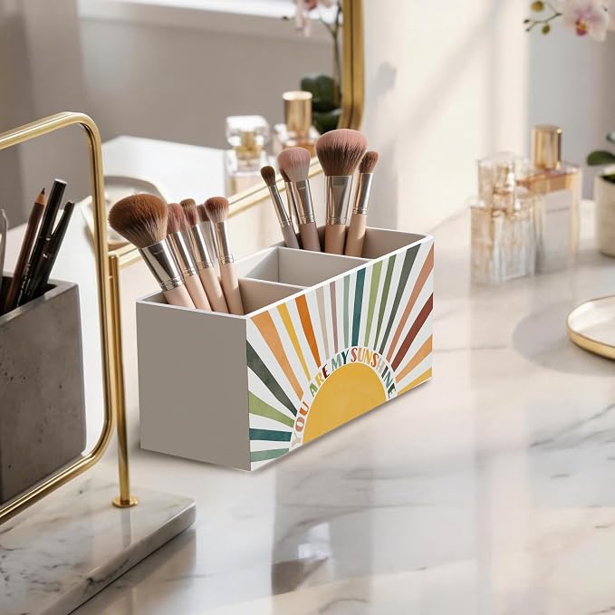 Boho Sun Motivational Wooden Pen Holder for Desk, You Are My Sunshine Positive Affirmation Pencil Organizer Wooden Box Sign for Kids Room Classroom Home Office Decoration