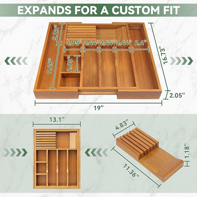 Luxury Teak Expandable Kitchen Drawer Organizer - Cutlery & Utensil Tray | Solid Teak Silverware & Flatware Organizer, 9 Compartments, Removable Knife Block & 2 Adjustable Dividers for Kitchen Cabinet