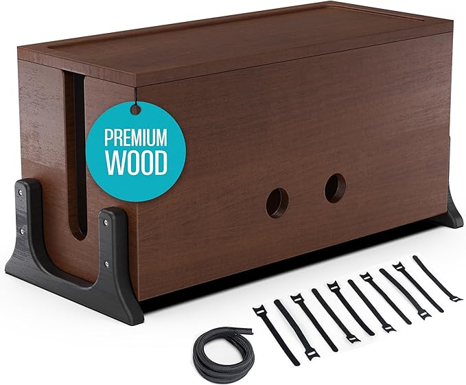 COREMINDED Extra Large Cable Management Box, Wood Cord Hider Box & Organizer for Power Strip, TV Wires & Desk Cable Storage