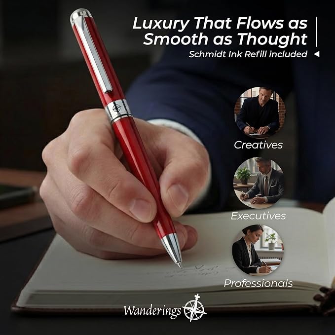 WANDERINGS Premium Ballpoint Pen with German Ink – Perfectly Balanced for a Superb Writing Experience, Chrome Accents – Winefire Red - Includes a Schmidt Refill in a Giftable Presentation Case