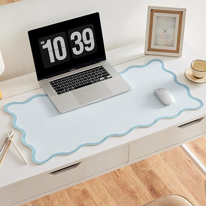 Scalloped Desk Mat, 31.5" x 15.7", PU Leather, Waterproof Anti-Slip, Cute Aesthetic Desk Pad for Office/Home/Game/Vanity (Blue, 31.5" x 15.7")