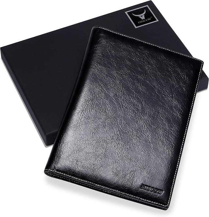 HISCOW Slim Leather Junior Padfolio, 5x8 Notepad Cover, Antiqued Black | Full-grain buffalo leather, top-loading legal pad holder, rigid pen loop, quick-access card slot, zipperless boardroom design
