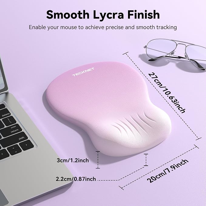 TECKNET Ergonomic Mouse Pad with Wrist Rest, Memory Foam Mousepad with Wrist Support, Smooth Surface, Middle Concave & Non-Slip Base for Laptop/PC, Pain Relief for Home Office Gaming, Light Purple