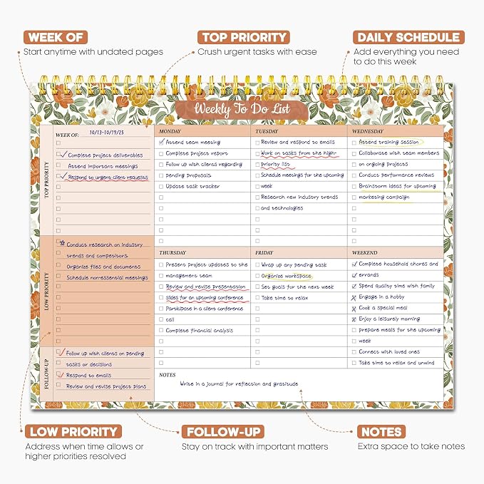 Taja Weekly To Do List Notepad with 52 Undated Sheets（8.5"×11"）- Weekly Desk Planner for Women & Man, Work and Home - 1 Pack Sunshine Field