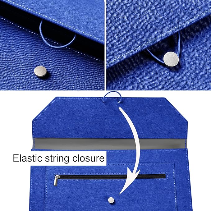 PU Leather A4 File Folder Document Holder 2 Pockets Portfolio Envelope Folder Case with Elastic String 3/4 Inch Expansion (Blue)