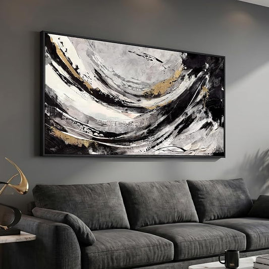 Large Framed Abstract Wall Art for Living Room, Horizontal Black Gold and White Canvas Painting Print Artwork for Walls, Modern Neutral Minimalist Pictures for Bedroom Office Wall Decor, 30x60 In