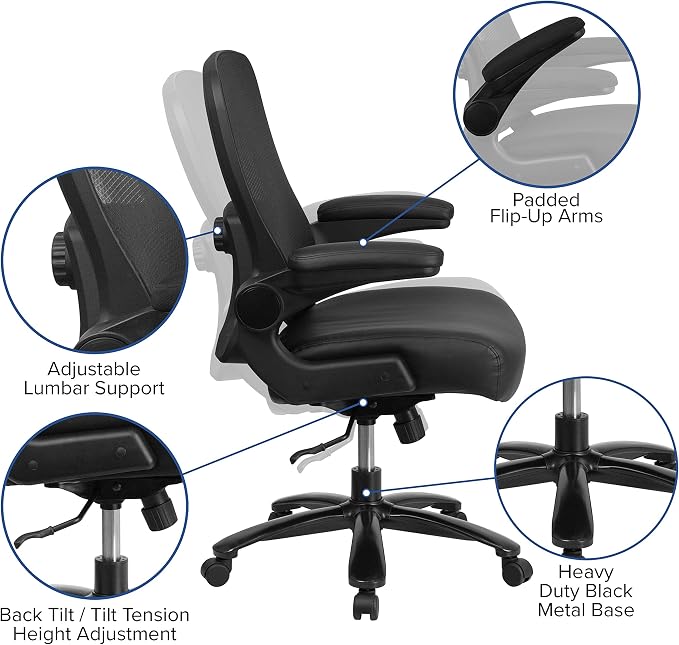 Flash Furniture Big & Tall Swivel Office and Gaming Chair with LeatherSoft Seat, Mesh Office Chair with Flip-Up Armrests and Adjustable Height, Black | Ergonomic, Adjustable Lumbar, Mesh Back, 500 LBS. Weight Capacity, LeatherSoft Upholstery, Flip-Up P...