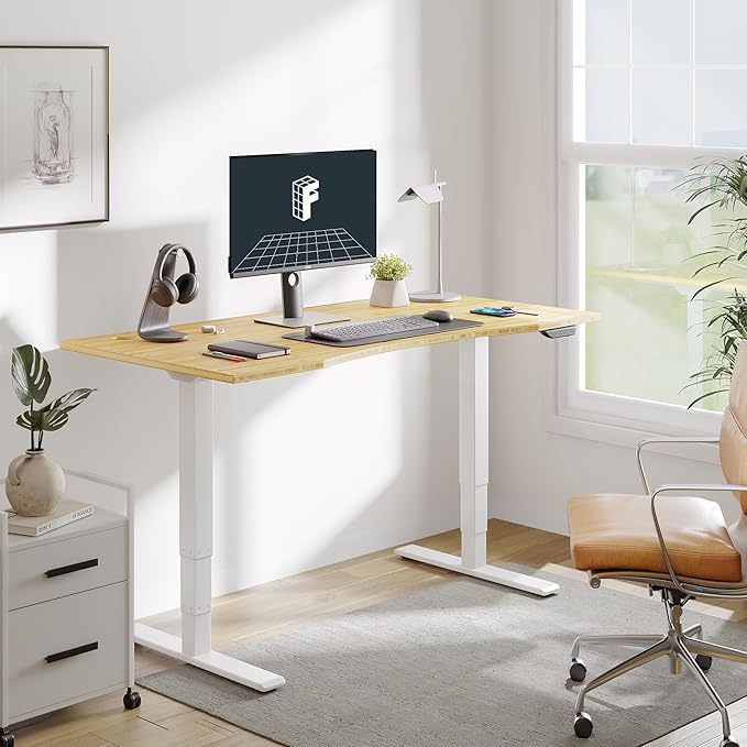 FLEXISPOT E6 MAX Bamboo 72x30 Inch Dual Motor 3-Stage Heavy Duty Standing Desk, 330lbs Weight Capacity, Height Adjustable Desk w/Cable Management & Wheels (Solid Bamboo Curved Desktop + White Frame)