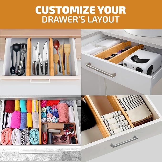 4-Pack Bamboo Drawer Dividers - 2.6 Inches High, Adjustable 12 to 17 Inches Expandable Drawer Organizer Dresser Separator for Clothes, Utensils, Bedroom, Bathroom, Kitchen, Office Storage Organization