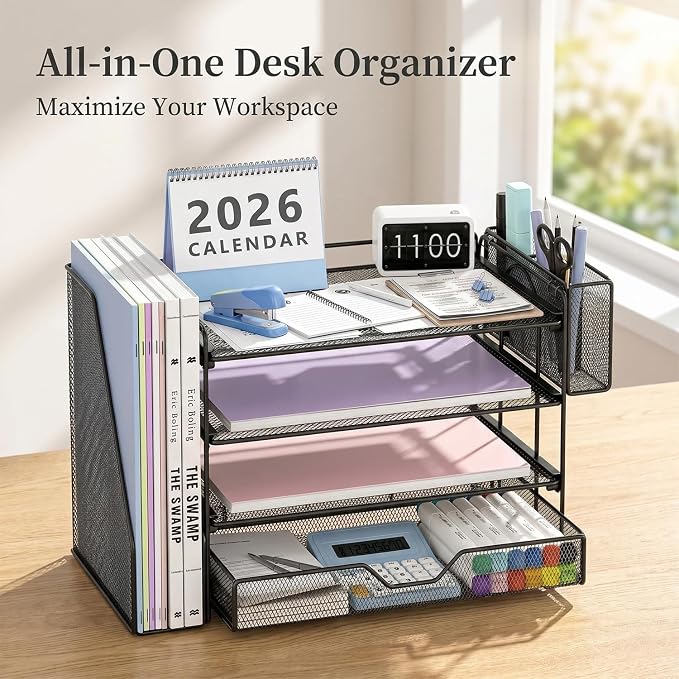 OPNICE Desk Organizers and Accessories, 4-Tier Workspace Desktop File Organizer with Drawer & Pen Holder, Paper Tray Organizer with File Holder, Office Desk Accessories for Home Office Supplies, Black