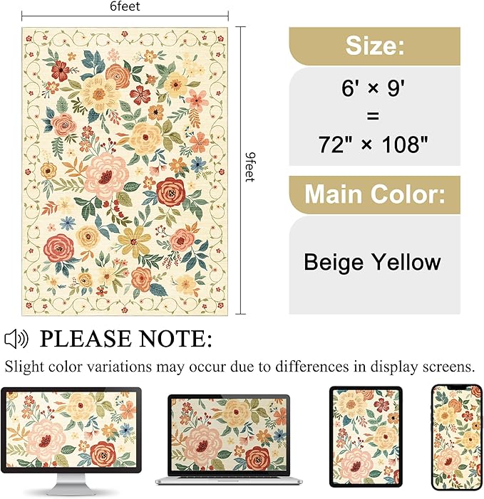 DUKINO 6x9 Area Rug, Floral Rugs for Living Room, Lightweight Non Slip Washable Rug, Indoor Low Pile & Non-Shedding Boho Design Rugs for Bedroom, Living Room, Dining Room, Beige Yellow