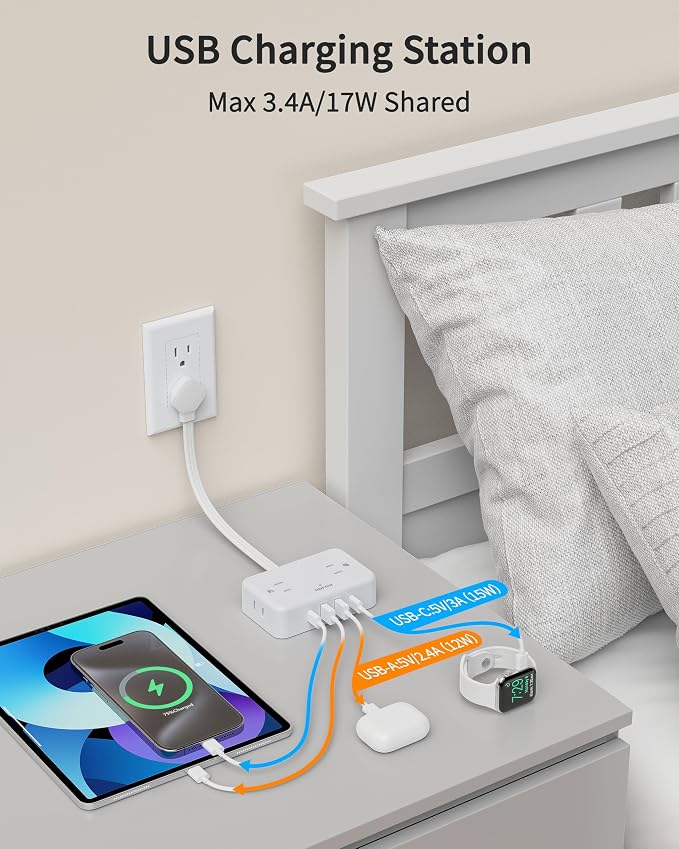 HOPOW Flat Plug Extension Cord, 0.5Ft Short Power Strip with 4 Outlets & 4 USB Ports(2 USB C), No Surge Protector for Cruise Ship, Multiple Outlet Small Power Strip for Home Office Travel