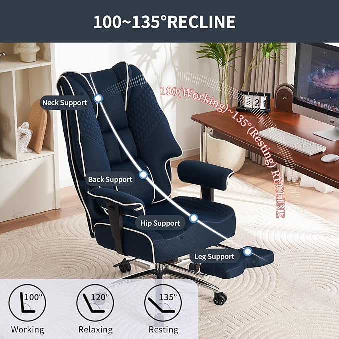 Big and Tall Office Chair 400lbs Wide Seat, Leather High Back Executive Office Chair with Foot Rest, Ergonomic Chairs Lumbar Support for Lower Back Pain Relief (Mesh Dark Blue)