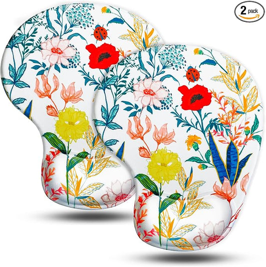 JIKIOU Mouse Pad, 2 Pack Ergonomic Mouse Pads with Comfortable Gel Wrist Rest Support and Smooth Cloth, Non-Slip PU Base for Easy Typing Pain Relief Durable and Easy to Clean Small White Flowers