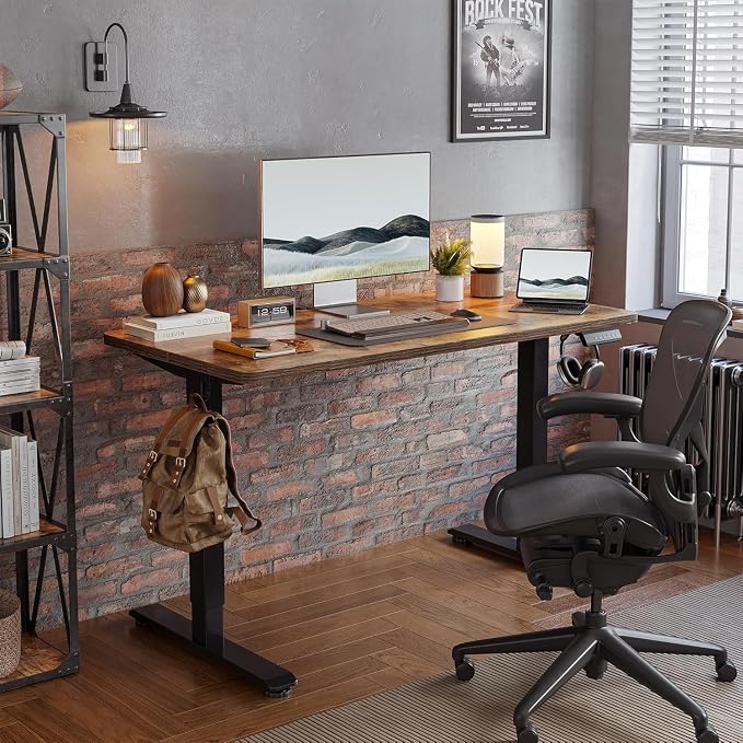TIQLAB 55 * 28 Inches Standing Desk, Adjustable Height Stand up Desk,Sit Stand Home Office Table with Splice Board, Rustic Brown