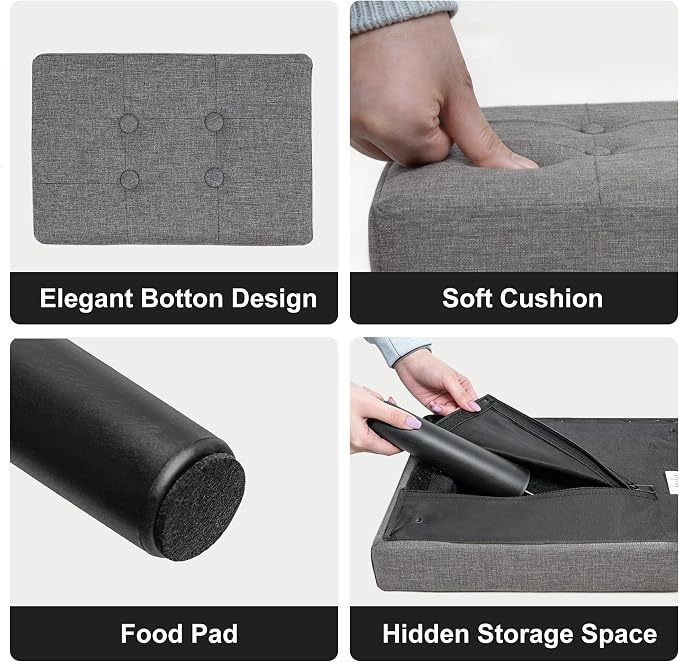 CAROLMADE Footstool Ottoman with Legs, Linen Small Foot Rest Under Desk, Ottoman with Storage for Living Room, Bedroom, Entryway Grey