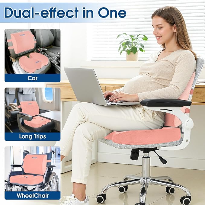 CloudBliss Lumbar Support Pillow & Seat Cushion Set for Office Chair, Desk Chair, Wheelchair & Car – Memory Foam Back Support, Ergonomic Chair Cushions, Sciatica Pain Relief, Home Essentials(Pink,XL)