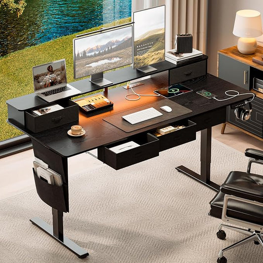 71x32 Inch Electric Standing Desk with 5 Drawers, Sit Stand Desk with Power Outlets, Monitor Shelf, LED Light and Cable Management, Height Adjustable 28.3-47.2 Inch for Home & Office, Black
