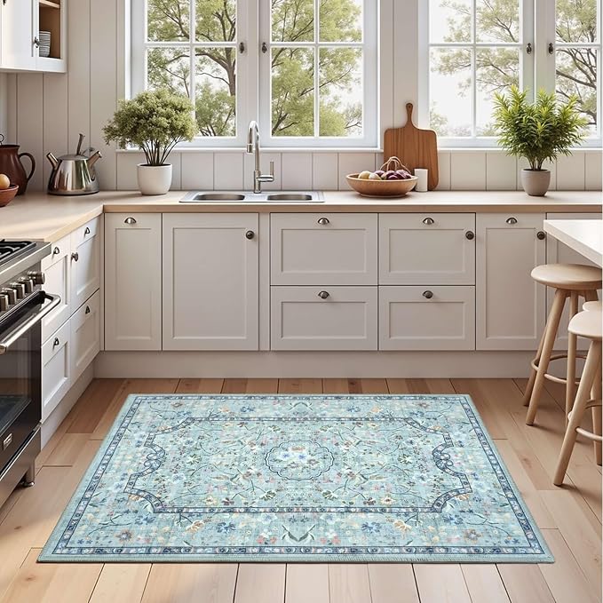 Vasofe 2x3 Area Rug for Bedroom, Small Rugs for Entryway, Kitchen, Bathroom, Non-Slip Washable Carpet Soft Low Pile Vintage Floral Teal Mat Front Door Mats for Indoor Entrance