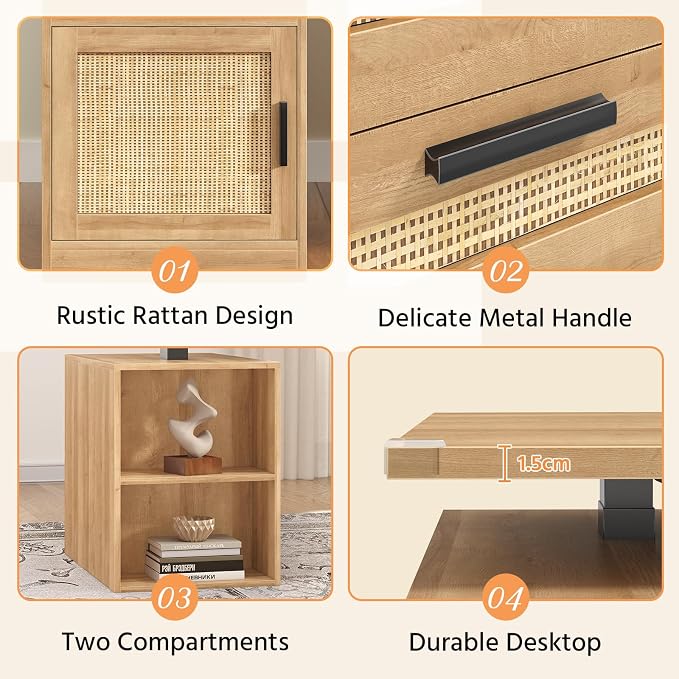 60" Rattan Electric Standing Desk with Drawers for Home Office, Oak | Height Adjustable Computer Desk with 4 Drawers & Storage Shelves, Wood Sit Stand Desk with Power Outlets for Work, Study