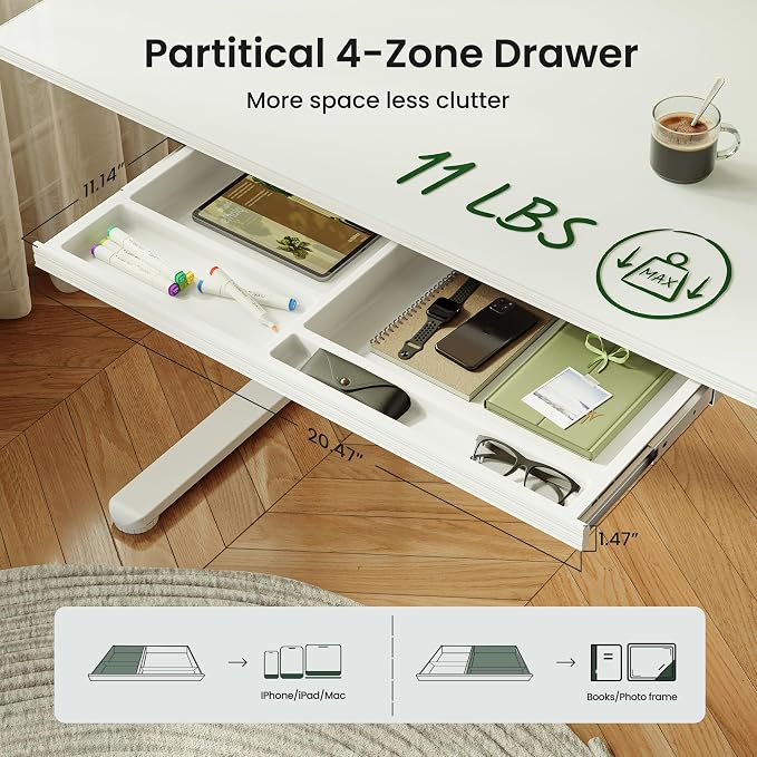 CubiCubi 55x24 Standing Desk with Glass Top, Height Adjustable Computer Desk with Drawer, One-piece Rising Home Office Desks with Positon Memory, Sit Stand Up Electric Workstation Table, White