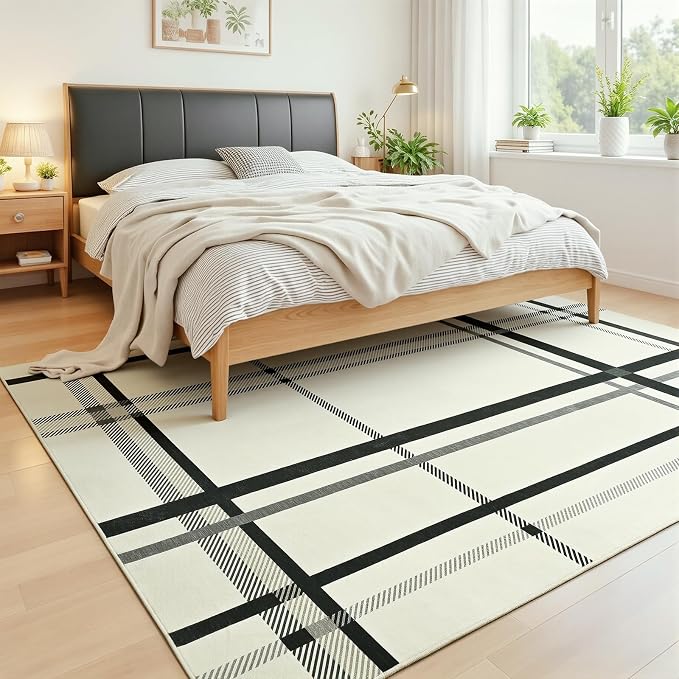 Terrug Plaid Area Rug for Living Room, Beige 5x7 Checkered Rugs Washable with Non Slip for Bedroom, Soft Low Pile Stain Resistance Abstract Carpet for Dinning Room