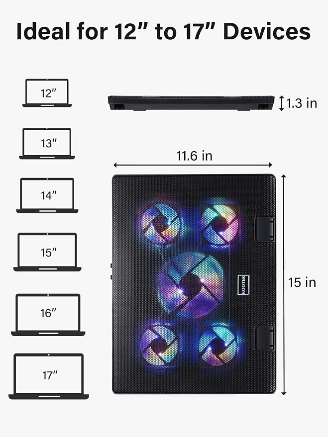 Kootek Laptop Cooling Pad, Laptop Cooler with 5 Quiet Fans for 12"-17" Computer PC Notebook Gaming Laptop Fan, Height Adjustable Laptop Cooling Stand Laptop Accessories (Mulit Colors)