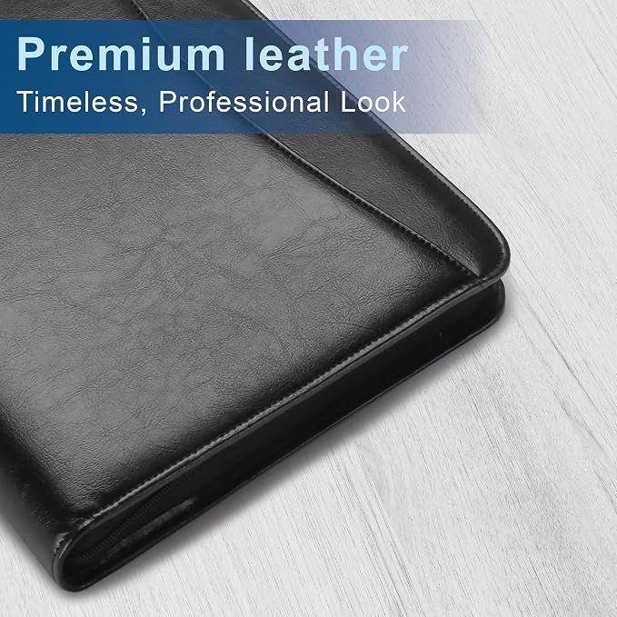 Travigo 3-Ring Zipper Portfolio Binder | 1.25" Faux Leather Padfolio with Zipper for Women & Men | Professional Business Portfolio Folder with Writing Pad, Gusseted File Pocket, ID Window (Black)
