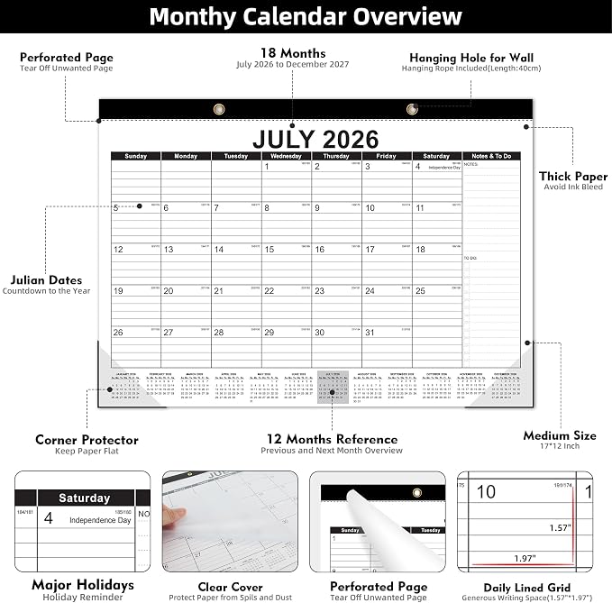 Tcamp Desk Calendar 2026-2027, 18-Month Calendar from July 2026 to December 2027, Large 17" x 12" Monthly Desktop & Wall Calendar for Home & Office