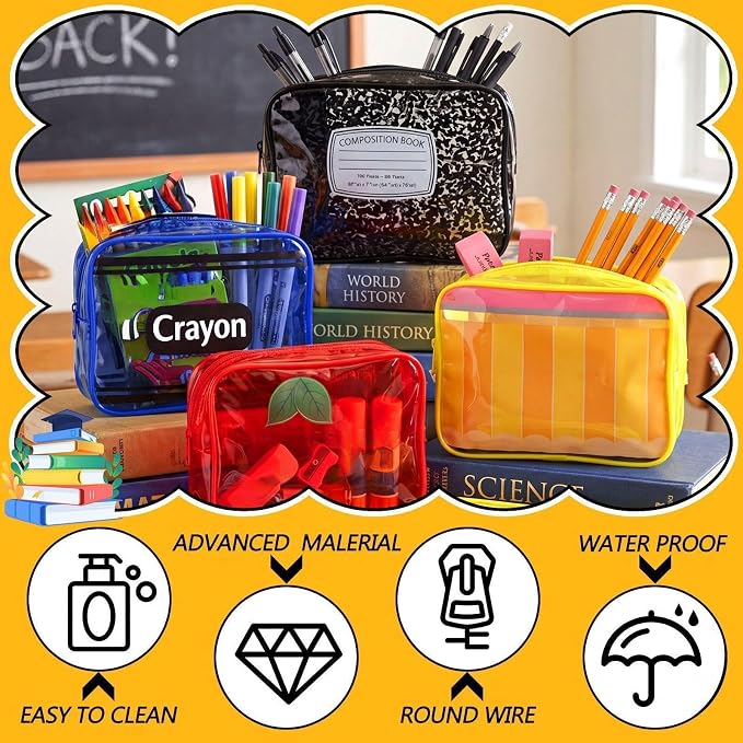 Suclain 6 Pack Back to School Gift for Teacher, School Theme PVC Zipper Organizer Pouches, 7.9 × 5.9 × 2.4 in Colorful Storage Bags for Classroom Rewards Teacher Student Gift Bags