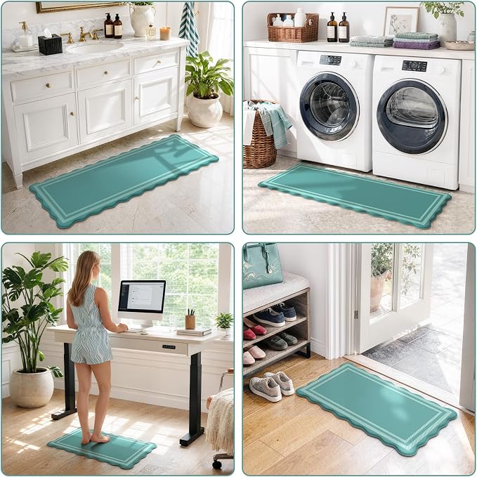KIMODE Anti Fatigue Kitchen Mats,Turquoise Scalloped Rugs for Kitchen Floor | Padded Kitchen Floor Mats,,Boho Kitchen Rugs Sets of 2, Cushioned Standing Mat for Laundry Office Sink Desk 17"x47"+17"x29"