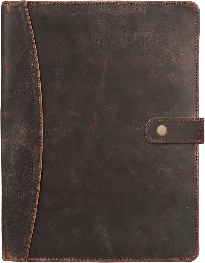 KomalC Leather Portfolio Folder with Luxury Pen and Button Closure | Business Padfolio for Professionals | Vintage Organizer with Legal Pad Holder & Card Slots (Distressed Tan)