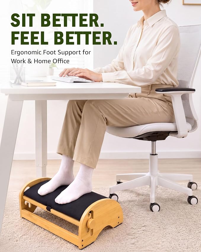 Bulado Wooden Foot Rest Under Desk, Ergonomic 4-Height Adjustable Footrest | Removable Memory Foam Cushion, Non-Slip Base, Stable Design, Office, Home Office, Long Sitting Comfort
