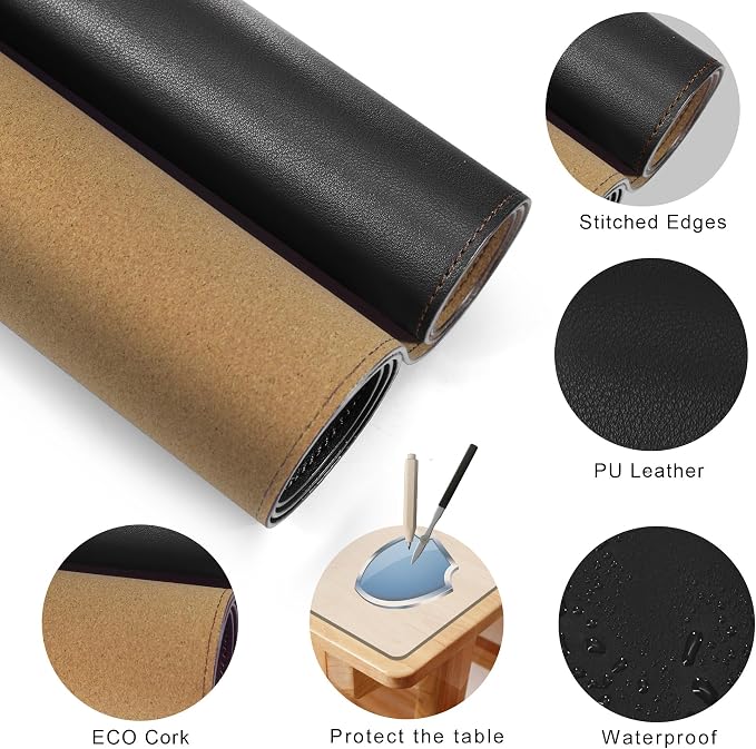 MAIDERN 43.3”x 19.6” Leather Desk Pad XXL, Large Desk Mat, Reversible Cork & Leather Large Mouse pad for Desk, Waterproof Computer Desk Pad for Gaming Home Office (Black) …