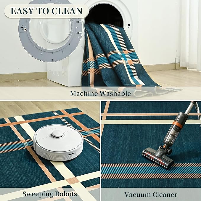 Terrug Plaid Area Rug for Living Room, Blue 5x7 Checkered Rugs Washable with Non Slip for Bedroom, Soft Low Pile Stain Resistance Abstract Carpet for Dinning Room