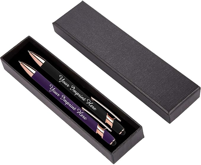 ExpressDesigns™ - Personalized Pens Gift Set - 2 Pack of Rose Gold Soft Touch Metal Pens w/gift box - Luxury Ballpoint Pen Custom Engraved with Name | Perfect for Him or Her (Purple - Black)