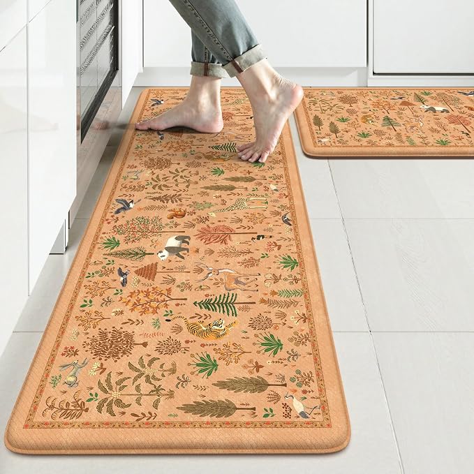 KIMODE Kitchen Floor Mats for Floor Cushioned Anti Fatigue,Rugs Sets of 2 | 17.3"x47"+ 17.3"x29",Orange Light Brown,Animal Forest Kitchen Rug,Padded Memory Foam Under Kitchen Sink Mat for Laundry Decor